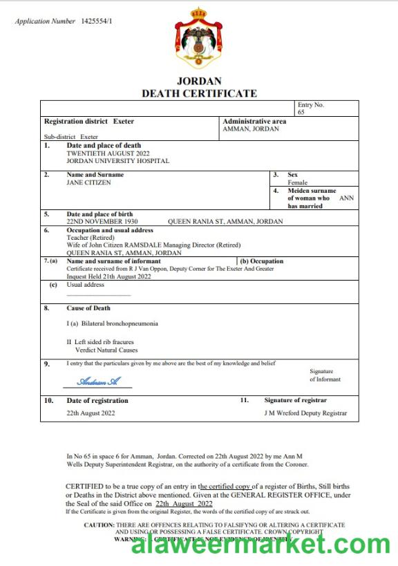 Jordan vital record death certificate Word and PDF template